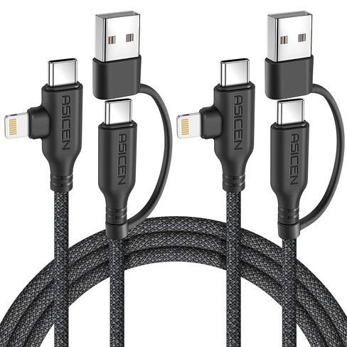 ASICEN 100W PD 2 في 2 كابل شحن متعدد، كابل USB C مجدول 6 أقدام إلى 90 درجة شحن سريع 5A مع USB A/C إلى C/L لسلسلة iPhone/MacBook/iPad/Galaxy/Switch 2، شواحن متعددة لجميع الأجهزة in Kuwait