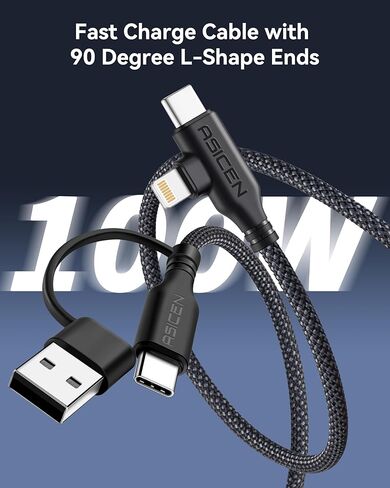 ASICEN 100W PD 2 في 2 كابل شحن متعدد، كابل USB C مجدول 6 أقدام إلى 90 درجة شحن سريع 5A مع USB A/C إلى C/L لسلسلة iPhone/MacBook/iPad/Galaxy/Switch 2، شواحن متعددة لجميع الأجهزة in Kuwait
