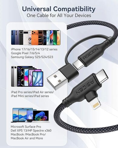 ASICEN 100W PD 2 في 2 كابل شحن متعدد، كابل USB C مجدول 6 أقدام إلى 90 درجة شحن سريع 5A مع USB A/C إلى C/L لسلسلة iPhone/MacBook/iPad/Galaxy/Switch 2، شواحن متعددة لجميع الأجهزة in Kuwait