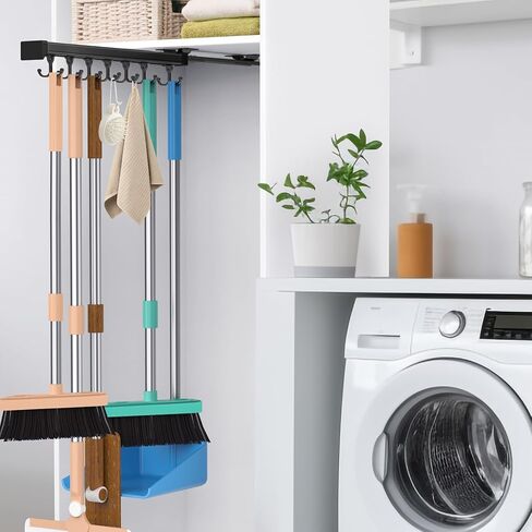 حامل مكنسة سحب مع خطاف منزلق مزدوج الصف قابل للتعديل، مكنسة منزلقة متعددة الوظائف وممسحة تخزين/خطافات تنظيم المرآب، لخزانة الغسيل وخزانة المطبخ in Kuwait