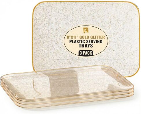 3 Pack Plastic Serving Trays for Party - Gold Serving Tray 8 x 11 Inch - Heavy Duty Dessert Trays for Food - Rectangular Party Serving Trays for Entertaining - Clear Cookie Platters in Kuwait