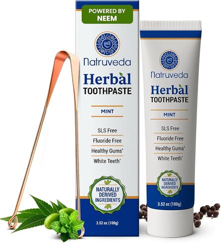 Natruveda Neem Herbal Toothpaste with Complimentary Copper Tongue Scraper | Fluoride Free, SLS Free, Natural Toothpaste for Adults | Ayurvedic Oral Care with Miswak | 3.52 oz (2 Pack) in Saudi Arabia