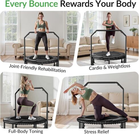 ترامبولين ريبوندر من بي كان للبالغين، ترامبولين للياقة البدنية مع حبل مطاطي، مقبض إسفنجي قابل للتعديل على شكل حرف U، ثابت وهادئ، للتمرين الداخلي والخارجي - أسود in Kuwait