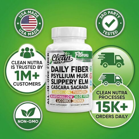 Fiber Supplement Capsules Slippery Elm Psyllium Husk Cascara Sagrada Dandelion Root Turmeric Supplement Aloe Vera Licorice Senna Marshmallow Root Digestive Health Cleanse 90 Pills by Clean Nutra in Saudi Arabia
