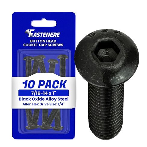 Fastenere Button Head Socket Cap Screws - 7/16-14 x 1" (10-Pcs) Alloy Steel, Fully Threaded, Fine Black Oxide Finish, Corrosion-Resistant, Machine Thread, Easy to Install w/Allen Hex Drive in Saudi Arabia