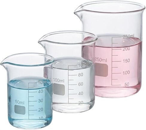 3-Piece Borosilicate Glass Beaker Set (50ml, 100ml, 250ml) - Graduated Lab Glassware for Science Experiments, Chemistry, DIY Skincare, Perfume & Candle Making - High Heat Resistant Lab Beakers in Kuwait