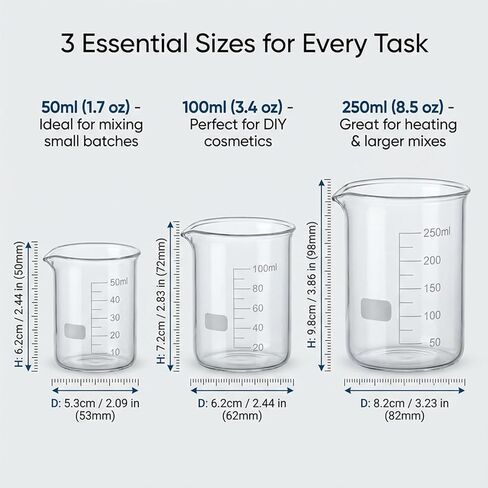3-Piece Borosilicate Glass Beaker Set (50ml, 100ml, 250ml) - Graduated Lab Glassware for Science Experiments, Chemistry, DIY Skincare, Perfume & Candle Making - High Heat Resistant Lab Beakers in Kuwait
