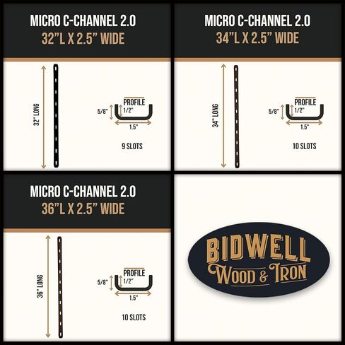 Bidwell Wood & Iron C-Channel Table Brace 2.0 Micro – 34" Hidden Steel Support for Live Edge or Slab Wood Tops – Heavy-Duty 1/2" Leg Steel Tabletop Stabilizer – Single Piece in Saudi Arabia
