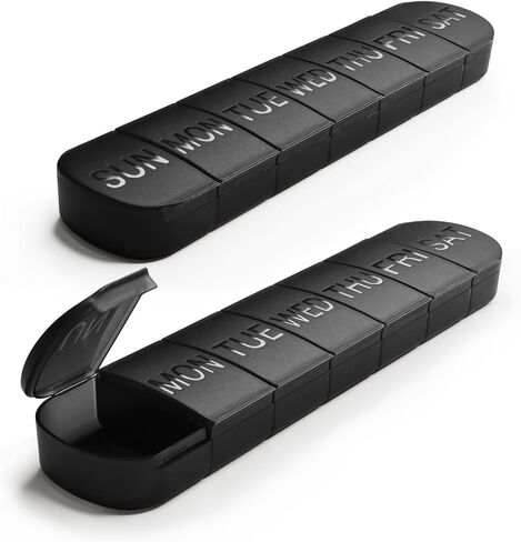 FHORAIN Large Weekly Pill Organizer, 2-Pack 7 Day Pill Box with Debossed Labels, Fade Resistant, BPA-Free Translucent Lids (White & Black) in Saudi Arabia