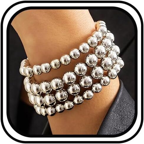 YNZGYBY Gold Stack Beaded Bracelets for Women Vintage High Polished Stretch Small Bead Stackable Bracelet Fashion Elastic Round Balls Chunky Statement Jewelry in Saudi Arabia