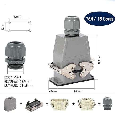 HEE-10 HEE-18 HEE-32 HDC 16A Double Buckle Top Entry 10 Cores 18 Pin Heavy Duty Connector 1Pcs(18 core top Entry) in Saudi Arabia