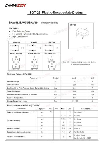 (عبوة من 100 قطعة) Chanzon BAV70 SMD صمامات ثنائية سريعة التبديل للإشارة الصغيرة عالية السرعة 200 مللي أمبير 70 فولت SOT-23 (SOT-23-3) 200 مللي أمبير 70 فولت (علامة A4) in Saudi Arabia