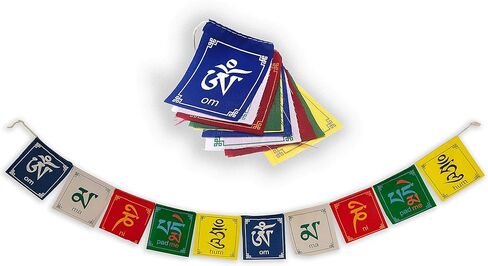Buddha of Compassion Tibetan Prayer Flags Om Mani Padme Hum Set of 10 Five Tibetan Traditional Colors which are Yellow, Green, red, White and Blue. Each Color Represents an Element. in Saudi Arabia