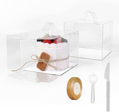 30pcs Transparent Bakery Boxes With Ribbon,Knives and Forks, Clear Cake Box, Plastic Cake Carrier with Lid and Handle Transparent Gift Favor Box Cupcake Treat Boxes for Party (Clear, 6*6*5 in-30pcs) in Saudi Arabia