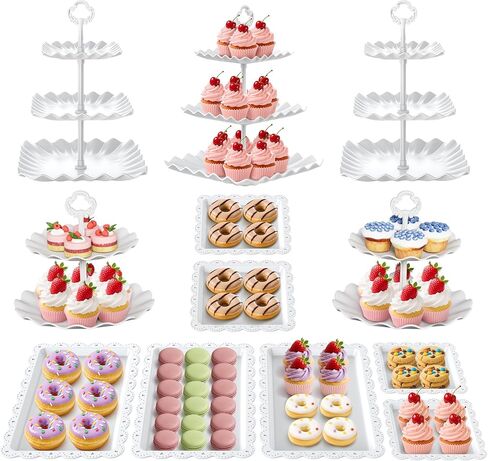 12Pcs Dessert Table Display Set, Cupcake Stand, 3-Tier Cup Cake Tower Stands & 2-Tiered Cake Holder, Treat Food Platters Serving Trays for Tea Party, Baby Shower, Bridal, Wedding, Birthday, Plastic in Kuwait