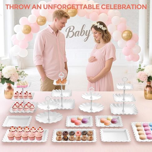 12Pcs Dessert Table Display Set, Cupcake Stand, 3-Tier Cup Cake Tower Stands & 2-Tiered Cake Holder, Treat Food Platters Serving Trays for Tea Party, Baby Shower, Bridal, Wedding, Birthday, Plastic in Kuwait
