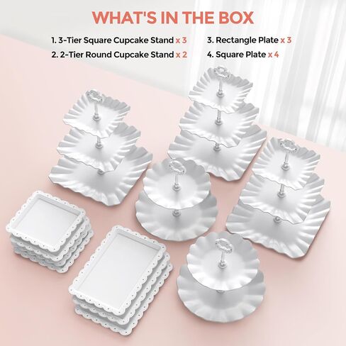 12Pcs Dessert Table Display Set, Cupcake Stand, 3-Tier Cup Cake Tower Stands & 2-Tiered Cake Holder, Treat Food Platters Serving Trays for Tea Party, Baby Shower, Bridal, Wedding, Birthday, Plastic in Kuwait
