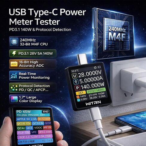 K2 USB Voltage & Current Meter – Type-C 24P Through-Mode, PD3.1/EPR 28 V Protocol Detection, Color IPS Screen, 3.3-48V/0-6A (10A Peak) Measurement, USB-C Charger & Cable Tester (K2R) in Saudi Arabia