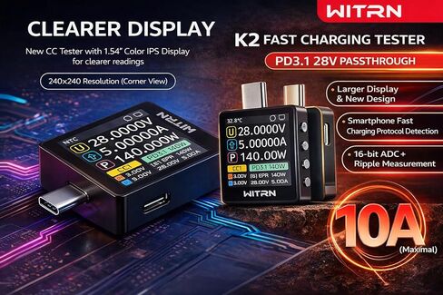 K2 USB Voltage & Current Meter – Type-C 24P Through-Mode, PD3.1/EPR 28 V Protocol Detection, Color IPS Screen, 3.3-48V/0-6A (10A Peak) Measurement, USB-C Charger & Cable Tester (K2R) in Saudi Arabia