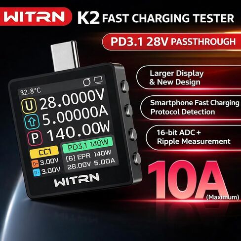K2 USB Voltage & Current Meter – Type-C 24P Through-Mode, PD3.1/EPR 28 V Protocol Detection, Color IPS Screen, 3.3-48V/0-6A (10A Peak) Measurement, USB-C Charger & Cable Tester (K2R) in Saudi Arabia