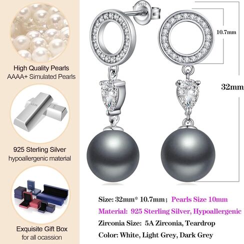 أقراط جيامياوي 18 قيراط مطلية بالذهب الأبيض 925 من الفضة الإسترليني واللؤلؤ المتدلية، أقراط متدلية كبيرة من اللؤلؤ للنساء in Kuwait