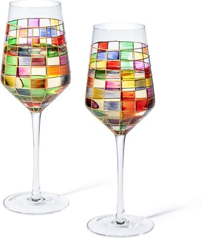 مجموعة كؤوس النبيذ الملونة من عصر النهضة من The Wine Savant المكونة من 2 فناجين قهوة ملونة احتفالية، متعددة الألوان، هدية بار منزلي، أدوات شرب ملونة، أواني زجاجية بألوان قوس قزح (جذعية) in Kuwait