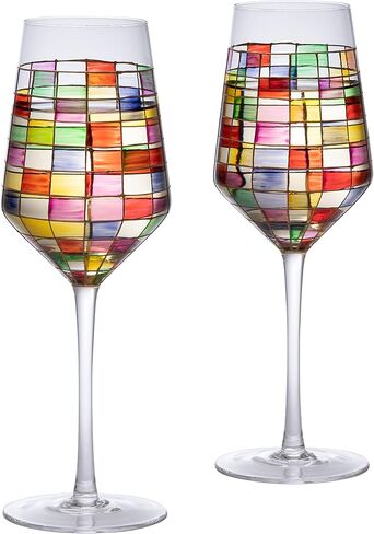 مجموعة كؤوس النبيذ الملونة من عصر النهضة من The Wine Savant المكونة من 2 فناجين قهوة ملونة احتفالية، متعددة الألوان، هدية بار منزلي، أدوات شرب ملونة، أواني زجاجية بألوان قوس قزح (جذعية) in Kuwait