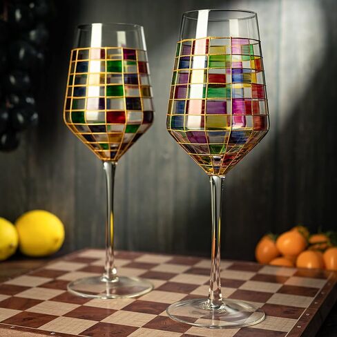 مجموعة كؤوس النبيذ الملونة من عصر النهضة من The Wine Savant المكونة من 2 فناجين قهوة ملونة احتفالية، متعددة الألوان، هدية بار منزلي، أدوات شرب ملونة، أواني زجاجية بألوان قوس قزح (جذعية) in Kuwait