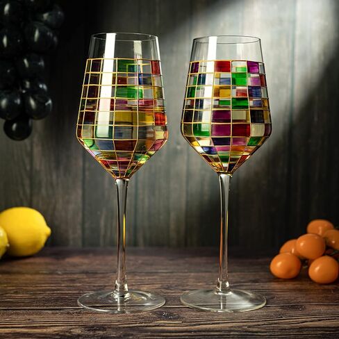 مجموعة كؤوس النبيذ الملونة من عصر النهضة من The Wine Savant المكونة من 2 فناجين قهوة ملونة احتفالية، متعددة الألوان، هدية بار منزلي، أدوات شرب ملونة، أواني زجاجية بألوان قوس قزح (جذعية) in Kuwait