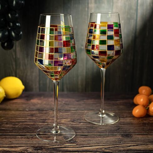 مجموعة كؤوس النبيذ الملونة من عصر النهضة من The Wine Savant المكونة من 2 فناجين قهوة ملونة احتفالية، متعددة الألوان، هدية بار منزلي، أدوات شرب ملونة، أواني زجاجية بألوان قوس قزح (جذعية) in Kuwait