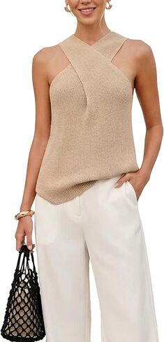 MAKABO Women Halter Cross Over Collar Tank Knit Sleeveless Top Solid Color Casual Summer Blouse in Saudi Arabia