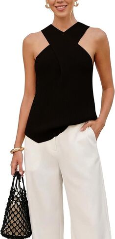 MAKABO Women Halter Cross Over Collar Tank Knit Sleeveless Top Solid Color Casual Summer Blouse in Saudi Arabia