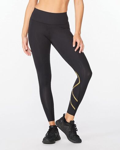 2XU لباس ضيق نسائي متوسط ​​الارتفاع مع حزام خصر مسطح للتدريب واللياقة البدنية، أسود/ذهبي، مقاس كبير in Kuwait