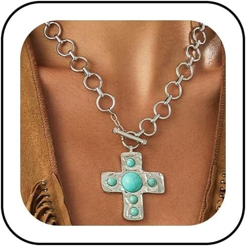 DZSYJKTM Large Chunky Gold Cross Turquoise Pendant Thick Paperclip Chain Choker Necklaces for Women, Vintage Silver Black OT Buckle Necklace Party Jewelry Gift in Saudi Arabia