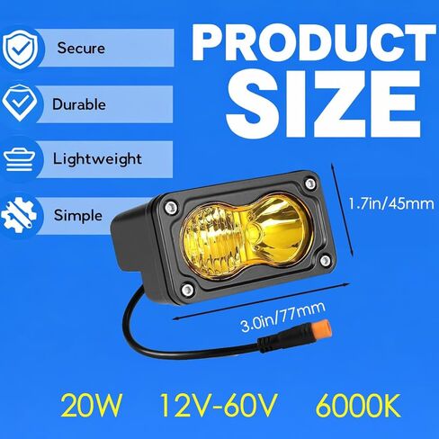 متوافق مع مصباح Ridstar Q20 Ebike الأمامي، 6500K 20W إضاءة LED مقاومة للماء فائقة السطوع للدراجة الإلكترونية، 3 دبوس عالمي 12V-60V للدراجة الإلكترونية والدراجات النارية والمركبات ATV in Kuwait