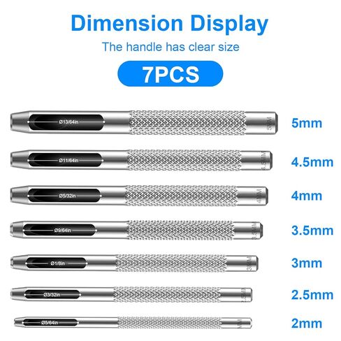 مجموعة ثقوب جلدية مجوفة من 7 قطع، أداة ثقب ثقب دائرية معدنية من موجروي، 5/64-13/64 بوصة (2-5 مم) مع مقبض مضاد للانزلاق للأحزمة، وأشرطة الساعات، والورق، والبلاستيك، DIY، وأدوات الإصلاح in Kuwait