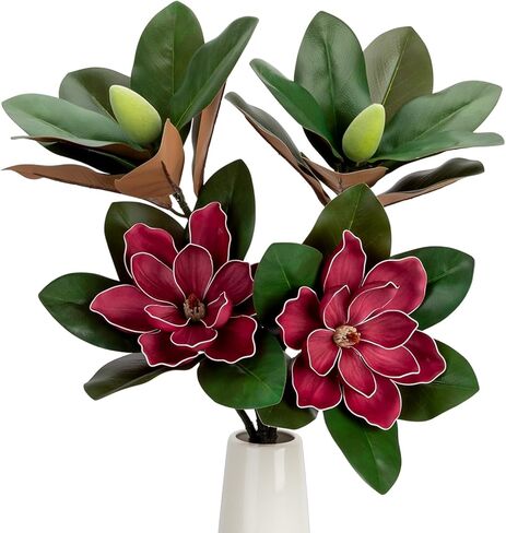 2PCS 33.5inch Artificial Magnolia Flowers with Green Magnolia Leaves and Fruit 3D Real Touch 2 Heads Long Stem Faux Magnolias Flower for Home Wedding Table Office Floral Arrangement Decoration (White) in Saudi Arabia