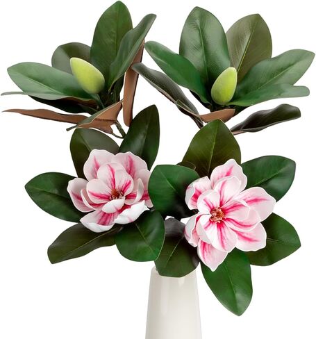 2PCS 33.5inch Artificial Magnolia Flowers with Green Magnolia Leaves and Fruit 3D Real Touch 2 Heads Long Stem Faux Magnolias Flower for Home Wedding Table Office Floral Arrangement Decoration (White) in Saudi Arabia