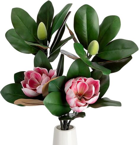 2PCS 33.5inch Artificial Magnolia Flowers with Green Magnolia Leaves and Fruit 3D Real Touch 2 Heads Long Stem Faux Magnolias Flower for Home Wedding Table Office Floral Arrangement Decoration (White) in Saudi Arabia