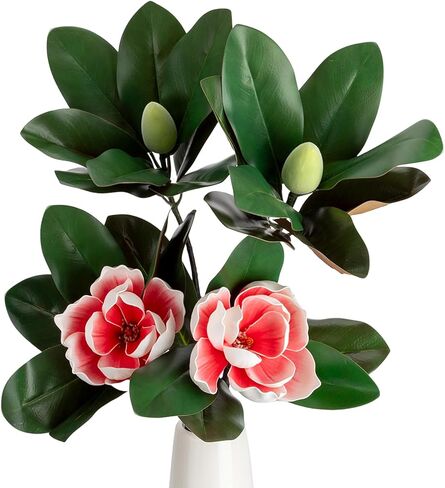 2PCS 33.5inch Artificial Magnolia Flowers with Green Magnolia Leaves and Fruit 3D Real Touch 2 Heads Long Stem Faux Magnolias Flower for Home Wedding Table Office Floral Arrangement Decoration (White) in Saudi Arabia