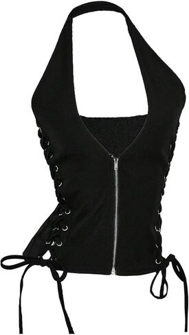 Floerns Women's Y2k Lace Up Halter Top Zip Up Deep V Neck Sleeveless Going Out Fall Fashion Tops in Saudi Arabia