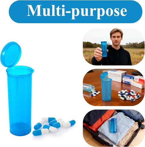 8Pcs Child-Resistant 60 Dram Pop-Top Vial with Hinged Lid Airtight Plastic Empty Pill Bottles,Travel Pill Bottle for Supplements, Vitamins & Medicines(Blue Transparent) in Kuwait