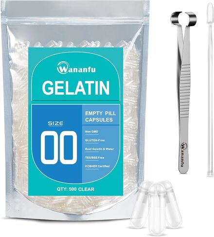 كبسولات جيلاتينية فارغة بحجم 00 من وانانفو (1000 قطعة) مع ملقط كبسولة وملعقة مختبر صغيرة، كبسولات حبوب هلامية شفافة قابلة للتعبئة 00 لصنع المكملات الغذائية الخاصة بك in Kuwait