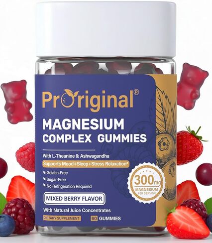 Magnesium Gummies for Stress & Sleep - 300mg Magnesium Complex with Glycinate, Citrate, Malate & Taurate - Supports Relaxation, Muscle & Heart Health - Vegan, Sugar-Free, Non-GMO - 60 Gummies in Kuwait