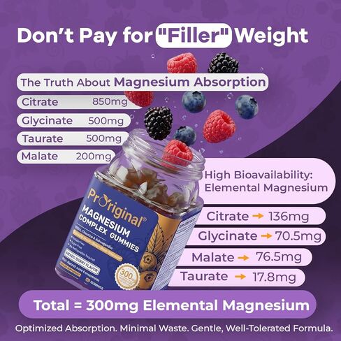 Magnesium Gummies for Stress & Sleep - 300mg Magnesium Complex with Glycinate, Citrate, Malate & Taurate - Supports Relaxation, Muscle & Heart Health - Vegan, Sugar-Free, Non-GMO - 60 Gummies in Kuwait