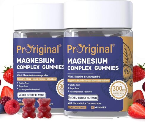 Magnesium Gummies for Stress & Sleep - 300mg Magnesium Complex with Glycinate, Citrate, Malate & Taurate - Supports Relaxation, Muscle & Heart Health - Vegan, Sugar-Free, Non-GMO - 60 Gummies in Kuwait