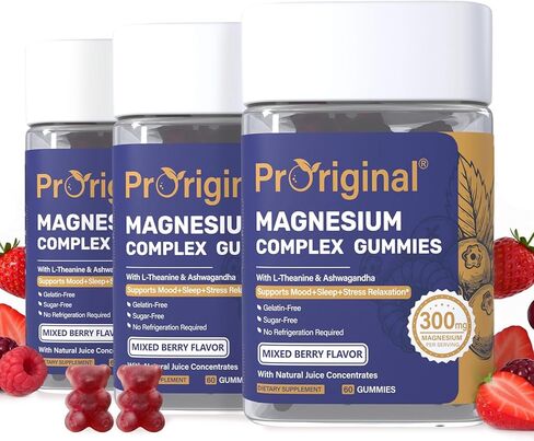 Magnesium Gummies for Stress & Sleep - 300mg Magnesium Complex with Glycinate, Citrate, Malate & Taurate - Supports Relaxation, Muscle & Heart Health - Vegan, Sugar-Free, Non-GMO - 60 Gummies in Kuwait