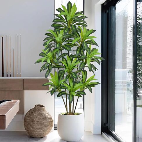 شجرة Dracaena الاصطناعية من Roselywed بطول 8 أقدام مع 243 ورقة و12 رأسًا ووعاء أبيض طويل القامة كبير الحجم من الحرير الصناعي الاستوائي نبات اليوكا 96 بوصة أوراق سميكة لامعة للديكور المنزلي والمكتب والشرفة والمدرسة in Saudi Arabia