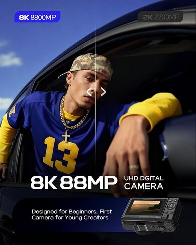 8K Digital Camera for Photography - 88MP Autofocus Vlogging Camera for YouTube with 64GB SD Card, WiFi, 18X Zoom 3" 180° Flip Screen Compact Travel Camera with 2 Batteries for Teens and Beginner in Kuwait