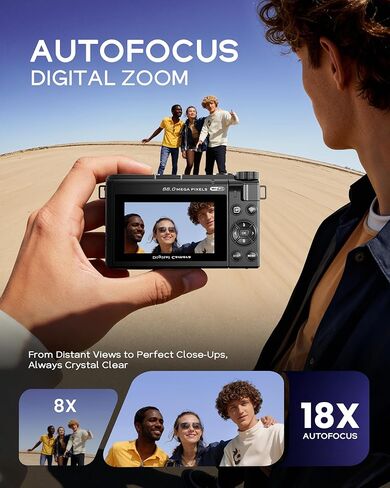 8K Digital Camera for Photography - 88MP Autofocus Vlogging Camera for YouTube with 64GB SD Card, WiFi, 18X Zoom 3" 180° Flip Screen Compact Travel Camera with 2 Batteries for Teens and Beginner in Kuwait